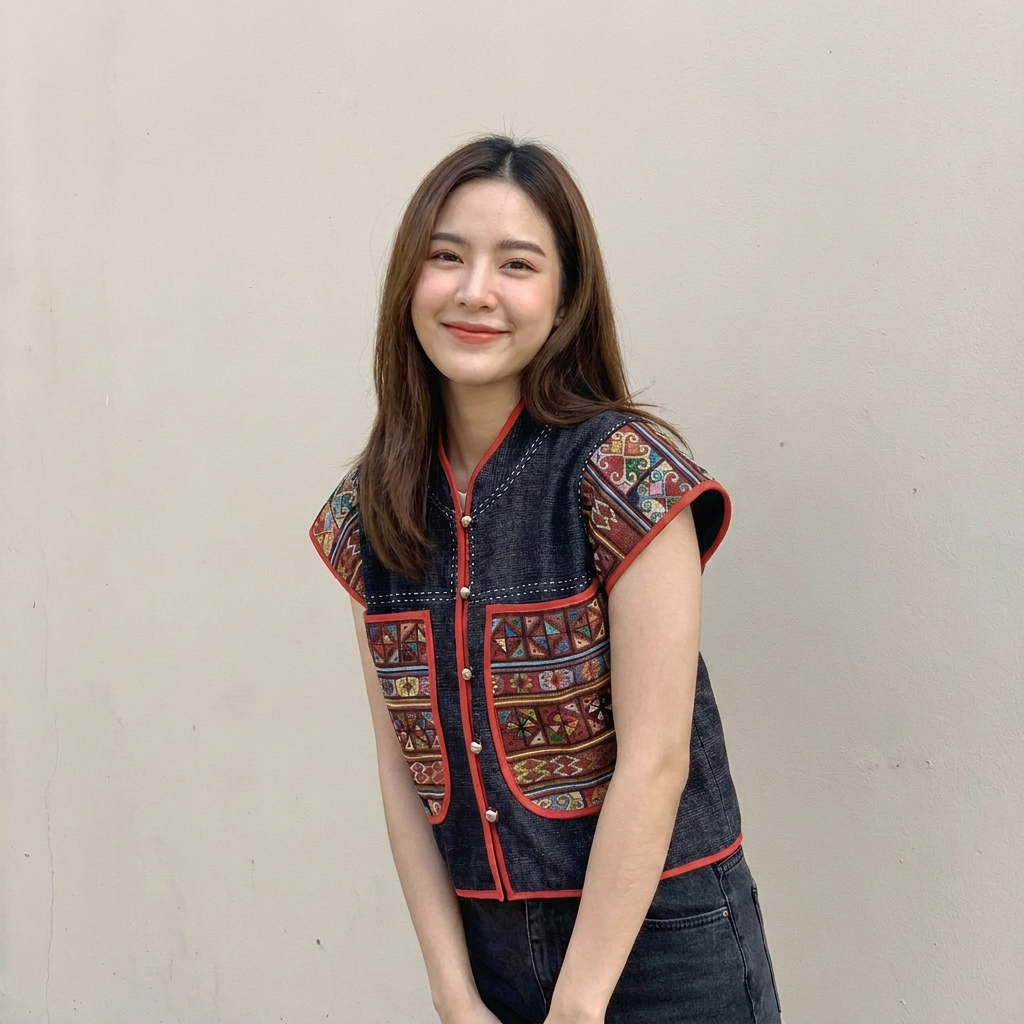 มนต์เสน่ห์ล้านนา เสื้อคอจีนกุ้นแดงแขนเลย ผ้าฝ้ายพื้นเมืองสโตนวอช เนื้อนุ่ม ใส่สบาย