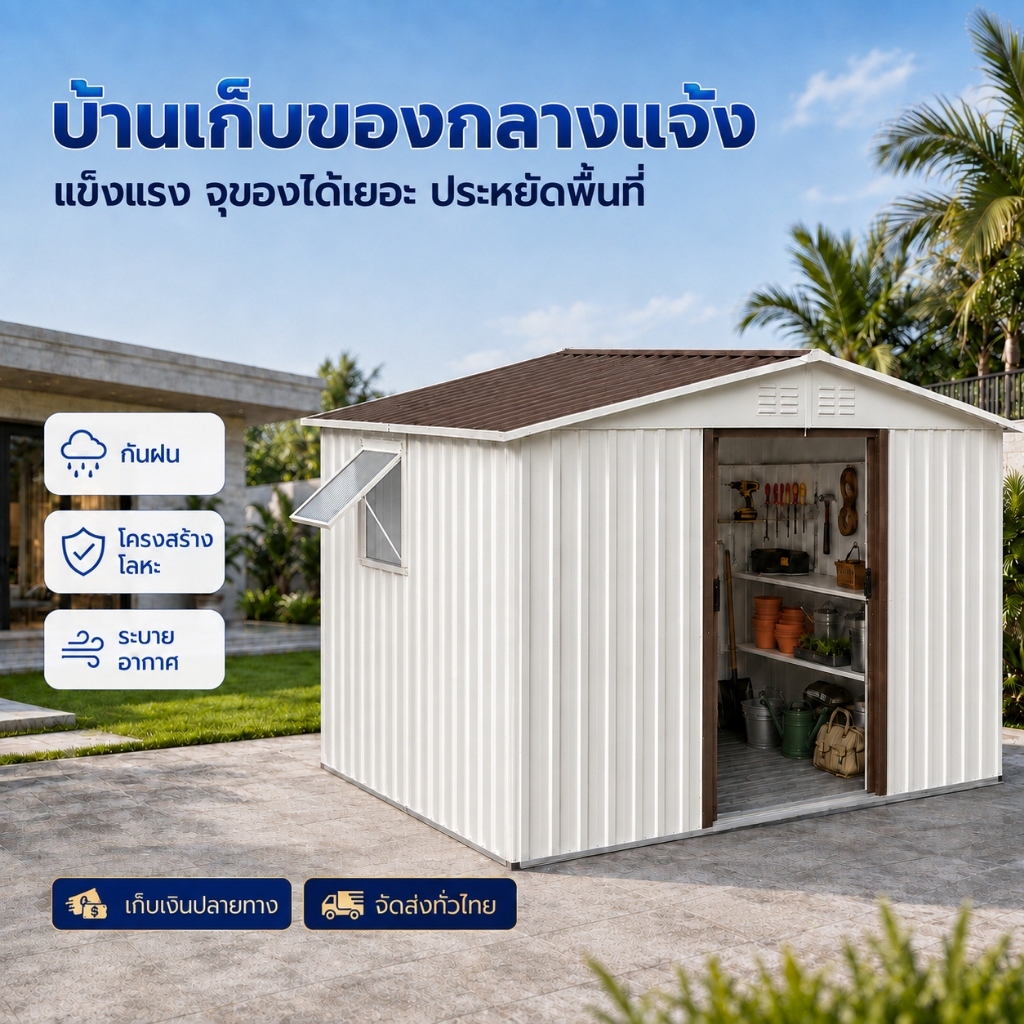 บ้านเก็บของขนาดใหญ่ 258×185×185 ซม. กันน้ำ กันสนิม มี Skylight หน้าต่าง และช่องระบายอากาศ