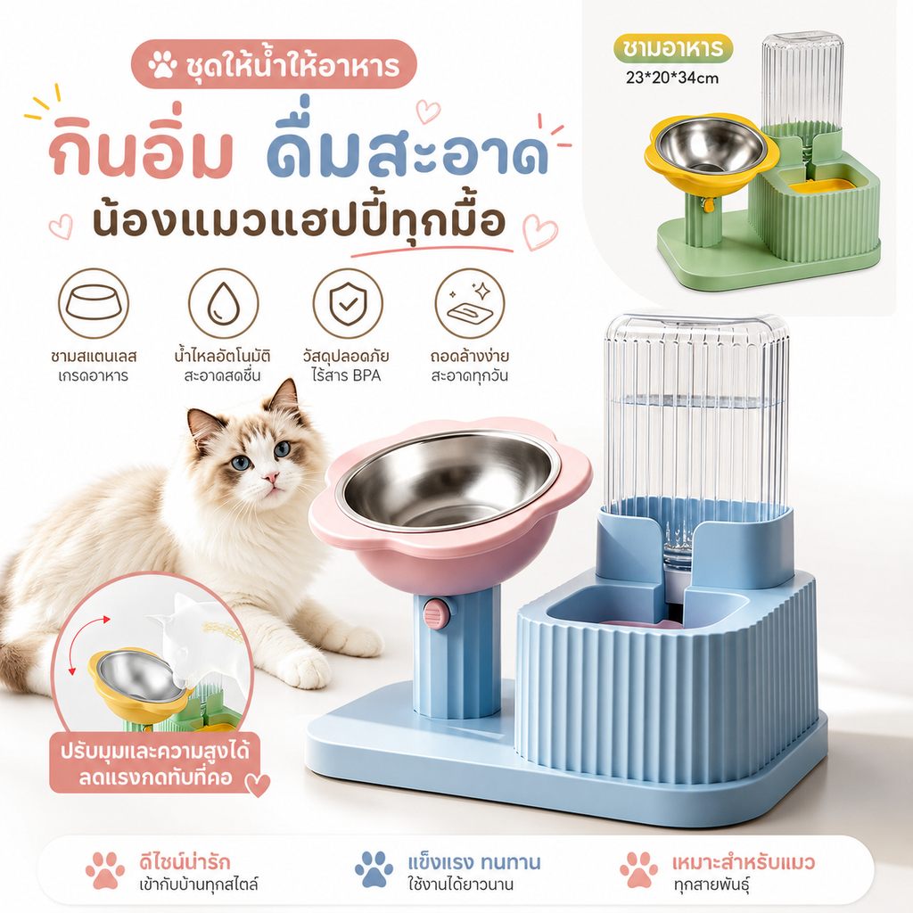 ชามอาหารสัตว์เลี้ยง ชามอาหารและน้ำ 2in1 ปรับความสูงได้ ชามสแตนเลส 304 จ่ายน้ำอัตโนมัติ