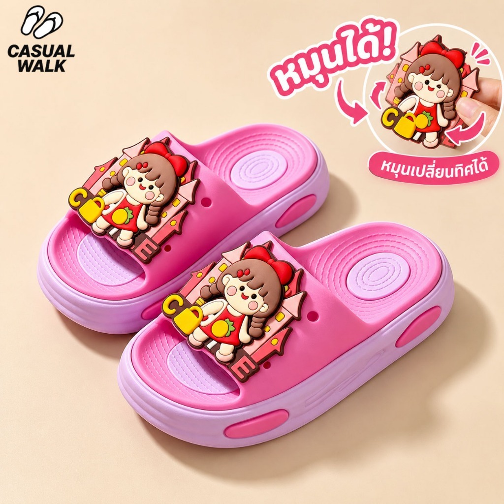 CasualWALK รองเท้าแตะเด็กผู้หญิง ตัวติดการ์ตูนหมุนได้ EVA กันลื่น เล่นน้ำได้ ไซส์ 24‑35 จัดส่งรวดเร็ว