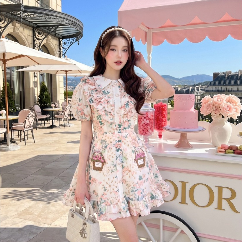 (มีถึง3XL) Maria Diamond สีครีมชมพู Kiss me Dress เดรสวินเทจผ้าคอตตอนฉลุพิมพ์ลาย ปกเชิ้ต แต่งกระดุมหน้า มีแต่งกระเป๋าหน้