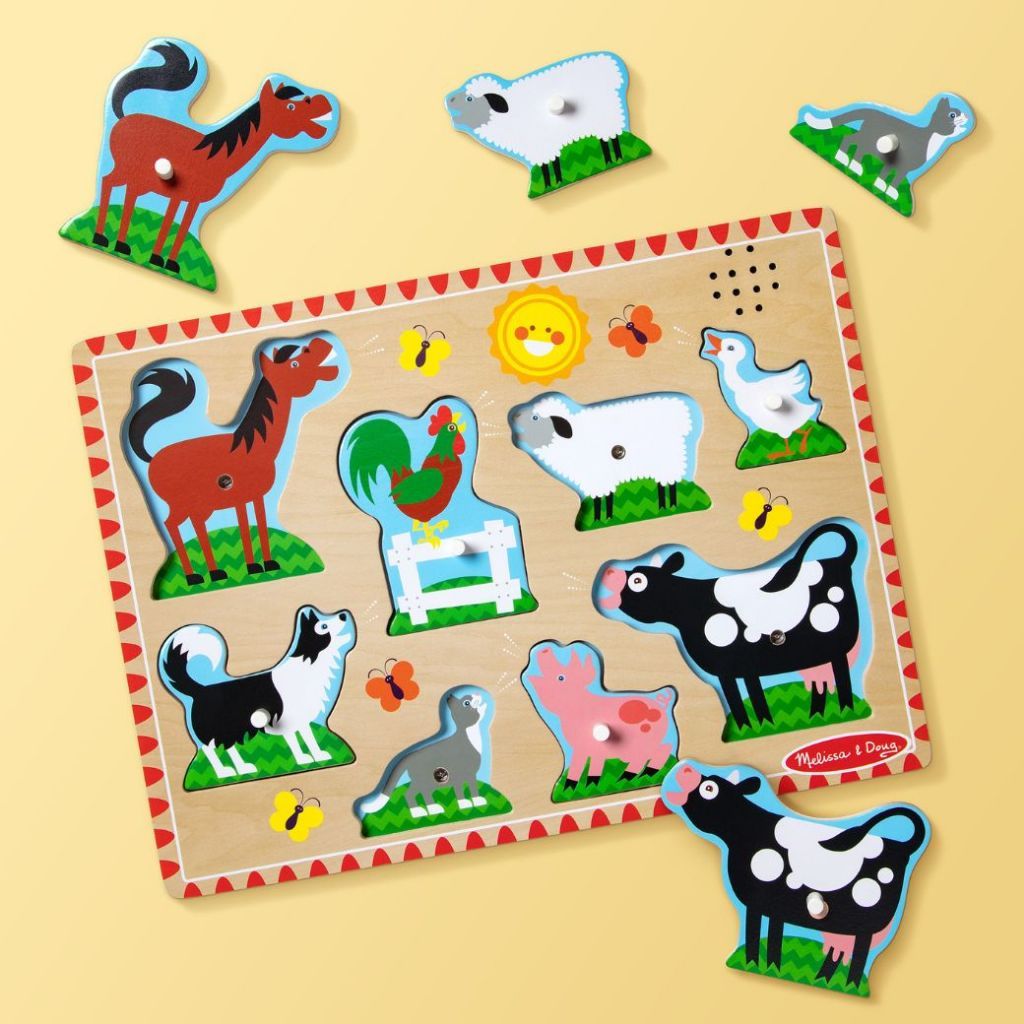 (ของแท้ USA) จิ๊กซอว์ไม้ มีเสียง รุ่นฟาร์ม มีตุ่มจับ สนุก อย่างดี ไม่มียี่ห้อ Sound Puzzle Farm Melissa & Doug ของเล่น — صورة 8