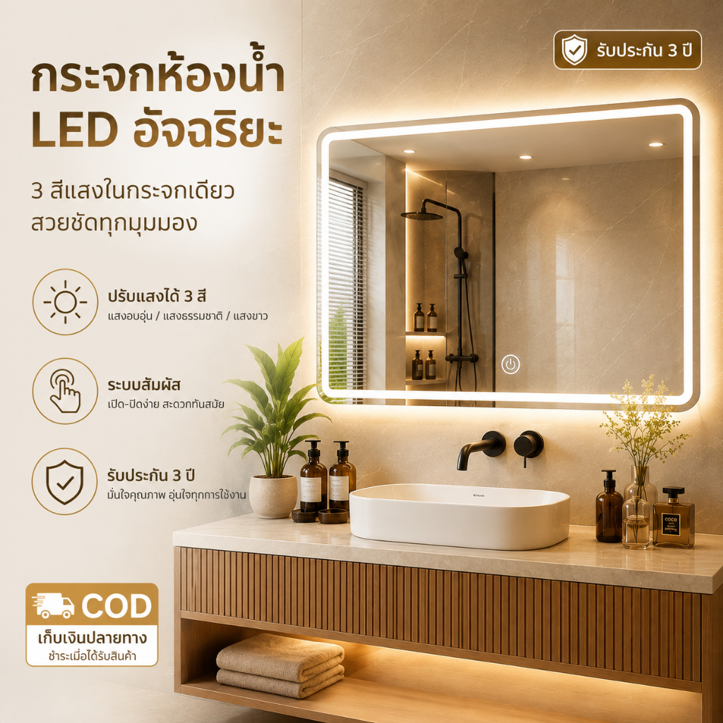 กระจกห้องน้ำ LED อัจฉริยะ ระบบสัมผัส ปรับแสงได้ พร้อมฟังก์ชันตัดหมอก มองชัดทุกเวลา เพิ่มความสะดวกในการแต่งหน้า