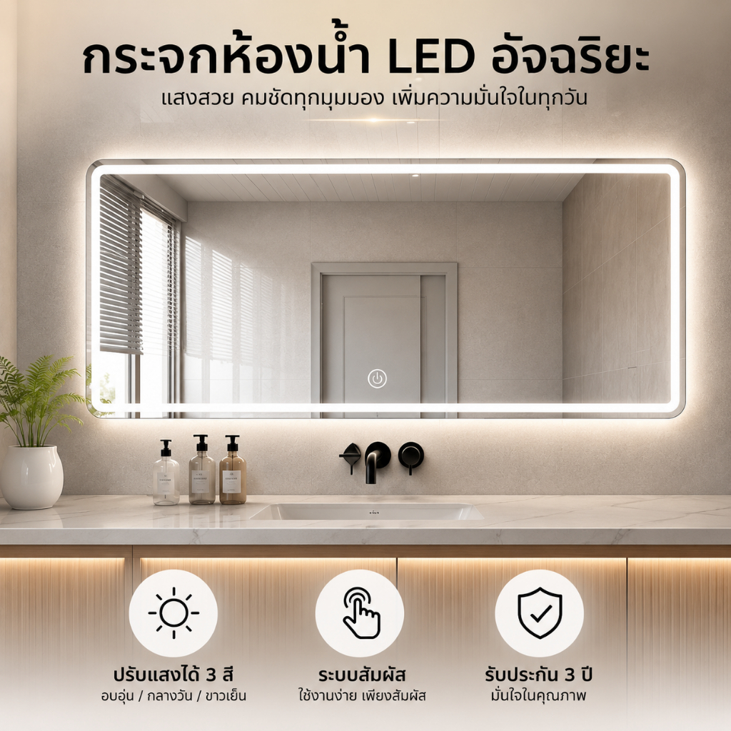 กระจก LED ติดผนังสำหรับห้องน้ำ ห้องนอน โรงแรม และคอนโด ดีไซน์หรูทันสมัย เพิ่มความสวยงามให้ทุกพื้นที่