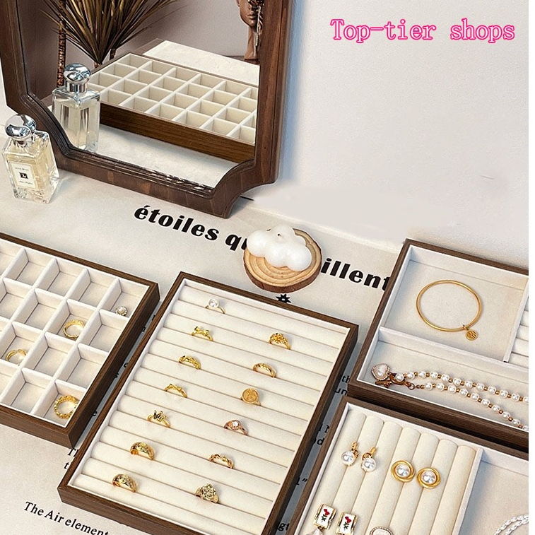 สินค้าพร้อมส่ง ลายไม้ถาดกํามะหยี่สําหรับจัดเก็บเครื่องประดับกล่องเก็บเเครื่องประดับ ช่องเก็บของขนาดใหญ่ที่เก็บของที่เรีย