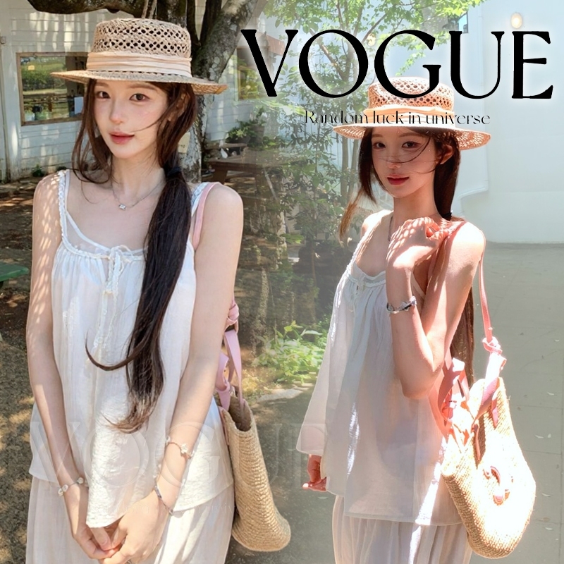 Vogue พร้อมส่ง เสื้อกล้ามสายเดี่ยวผ้าคอตตอนริ้วผิว ผูกเชือกหน้าอก บางเบาและระบายอากาศ สไตล์โบฮีเมียนหวาน (FY5260#1)