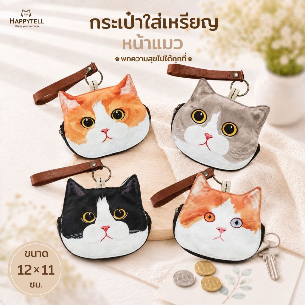 Happy Tell กระเป๋าใส่เหรียญ บัตรและของจุกจิก ผ้าโพลีเอสเตอร์พิมพ์ลายหน้าน้องแมวสุดน่ารัก set 5