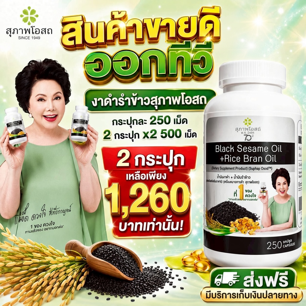 สุภาพโอสถ น้ำมันงาดำ + น้ำมันรำข้าว BSRB 250 แคปซูล สูตร 5:1 ดูแลกระดูกและข้อ ดูแลข้อเข่า สำหรับผู้สูงวัย ของแท้ มี อย