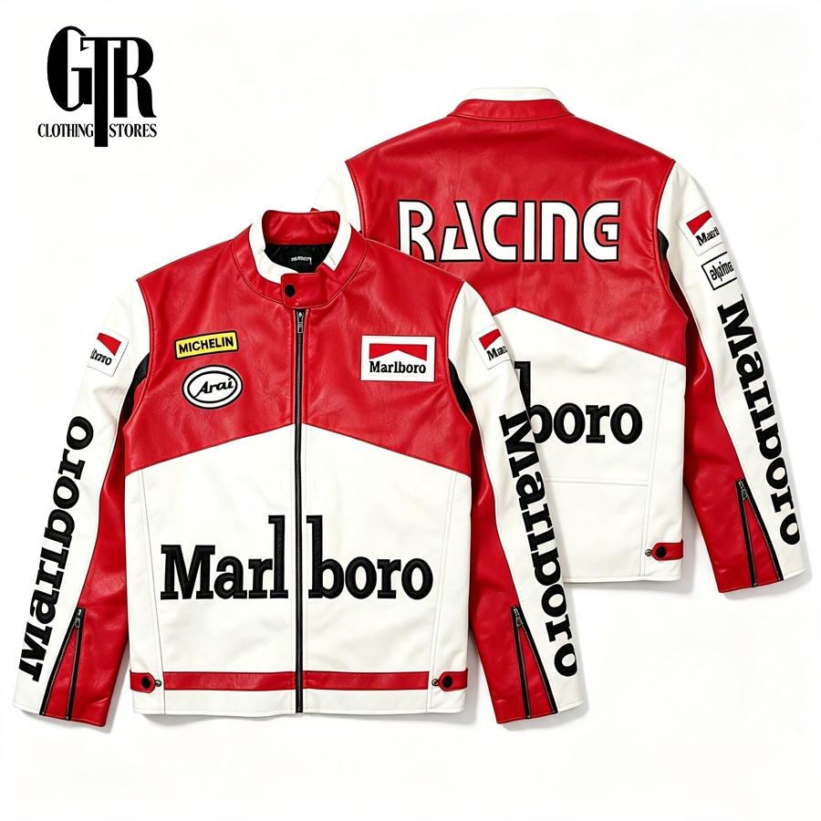 【พร้อมส่ง】F1 รถแข่ง แขนยาว แจ็คเก็ต หนัง กันลม ผู้ชาย Jacket retro ออกแบบ ปักลาย oversize เสื้อโค้ท 