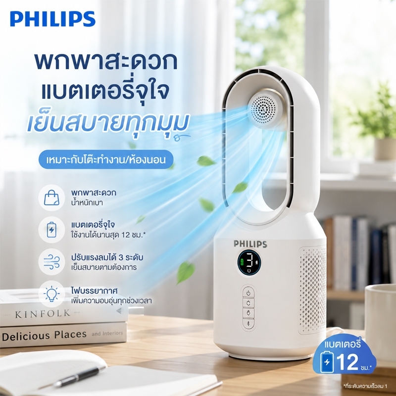 พัดลมไร้ใบพัด พัดลมตั้งโต๊ะ 3in1 ลำโพง Bluetooth ไฟกลางคืน ส่ายกว้าง ลมแรง 3 ระดับ เสียงเบา แบตเตอรี่ในตัว