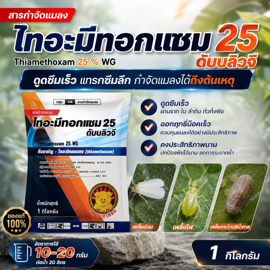 // 10 กิโลกรัม // ไทอะมีทอกแซม (Thiamethoxam) 25% WG ( 1 กิโลกรัม ) สารกำจัดแมลงปากดูด แมลงหวี่ขาว เพลี้ยแป้ง เพลี้ยไฟ