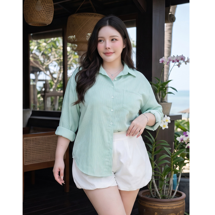 เสื้อเชิ้ต แฟชั่นผู้หญิง แขนยาว ผ้า oxford สไตล์ โอเวอร์ไซส์ - อก 48 - สี เขียว / เหลือง / แดง