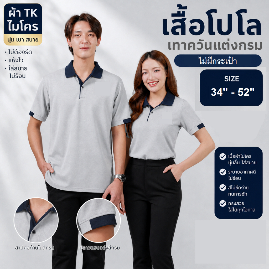 Ananya เสื้อโปโล TK Micro (สีเทาอ่อน/เทาควัน ปกกรม) ไม่มีกระเป๋า ครบไซส์ 34-52นิ้ว