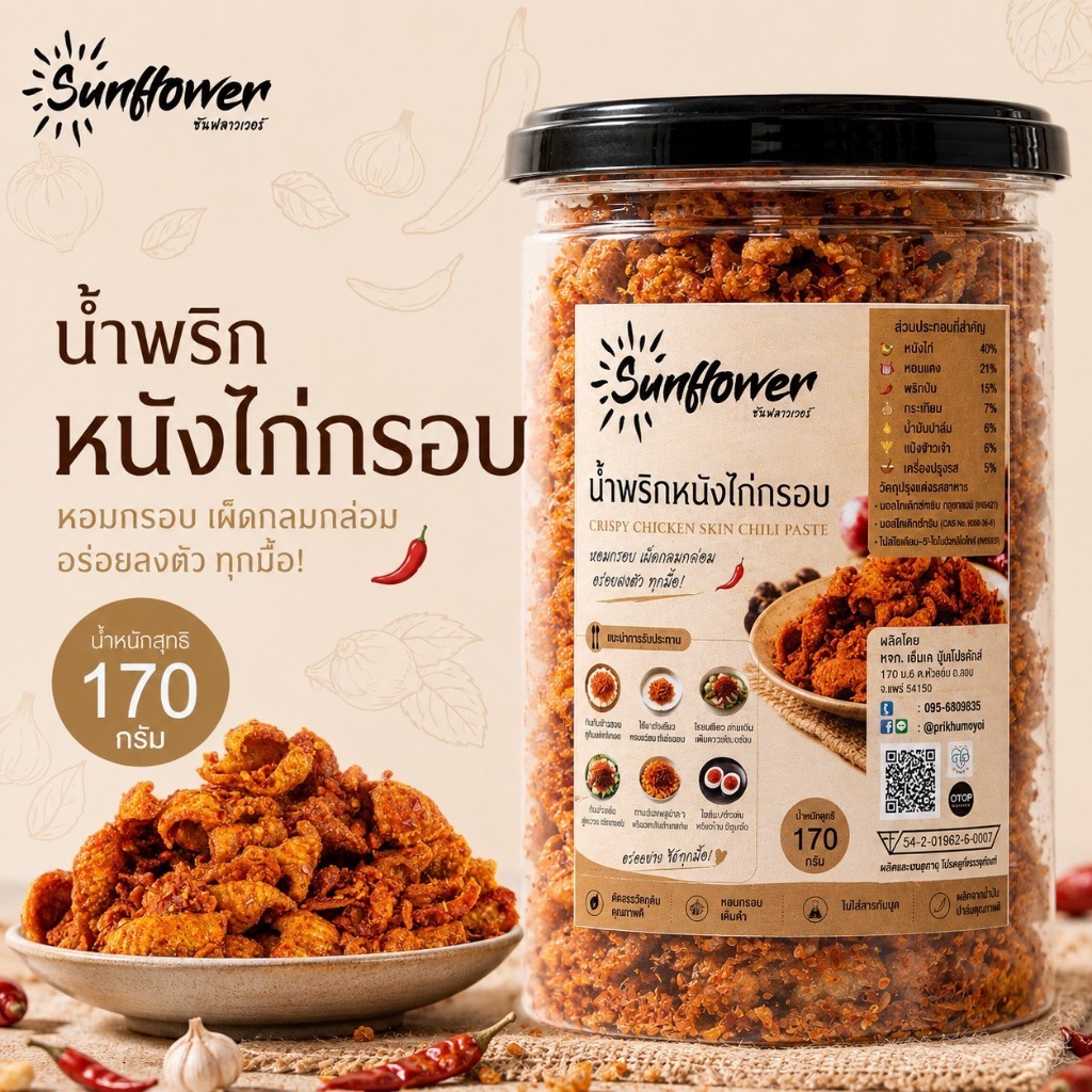 น้ำพริกหนังไก่กรอบ 170 กรัม Numprik Sunflower