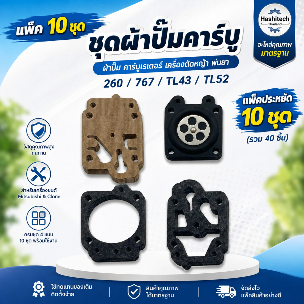 แพ็ค 10 ชุด ชุดผ้าปั๊มคาร์บู ผ้าปั๊ม คาร์บูเรเตอร์ เครื่องตัดหญ้า พ่นยา 260 767 TL43 TL52