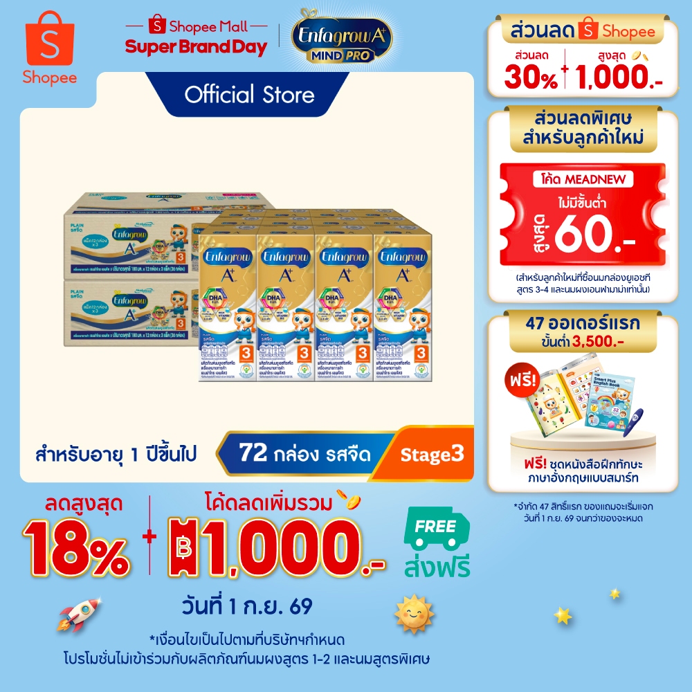 นมกล่อง เอนฟาโกร ยูเอชที สูตร3 ชนิดจืด (36 กล่อง) x2 ลัง Enfagrow UHT Stage3 Plain (36 boxes) x2 cases