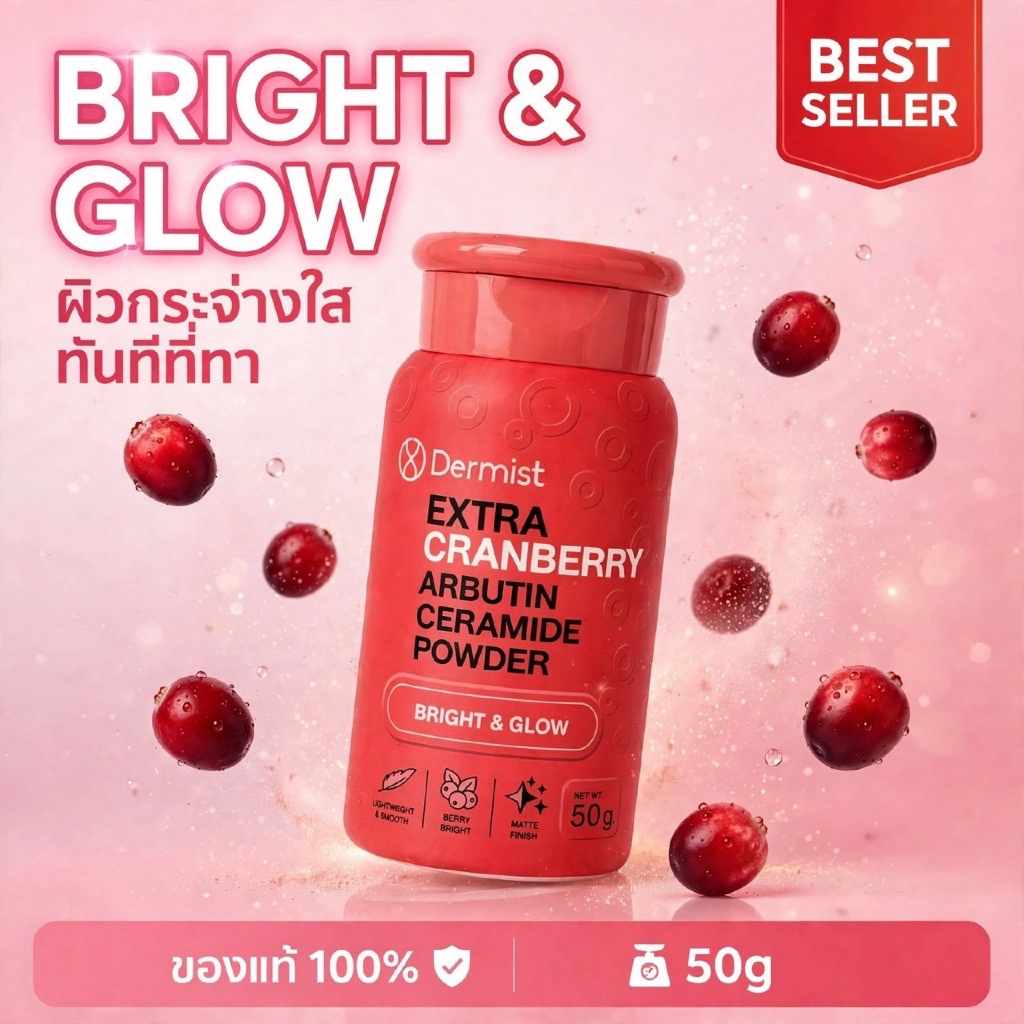 แป้งฝุ่นเดอร์มิสท์ แครนเบอร์รี่ Dermist Cranberry Arbutin Powder สูตรผิวกระจ่างใส ขนาด 50 กรัม