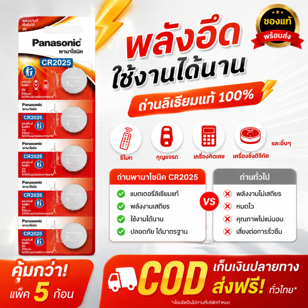 ถ่านกระดุมลิเธียม Panasonic CR2025.ถ่านกระดุม CR2025 แพง 5 ก้อน.ถ่าน CR2025 Panasonic 3V..ถ่านกุญแจร