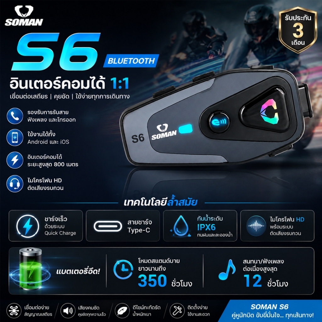 บลูทูธติดหมวกกันน็อค SOMAN S6 อินเตอร์คอมได้ 1:1 รองรับทั้งระบบ android และ IOS