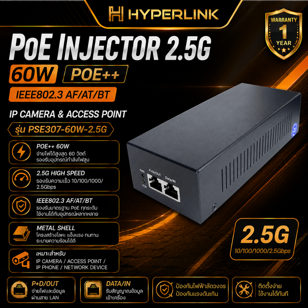 PoE Injector 2.5G 60W POE++ IEEE802.3 AF/AT/BT IP Camera & Access Point (Metal Shell) รุ่น PSE307-60