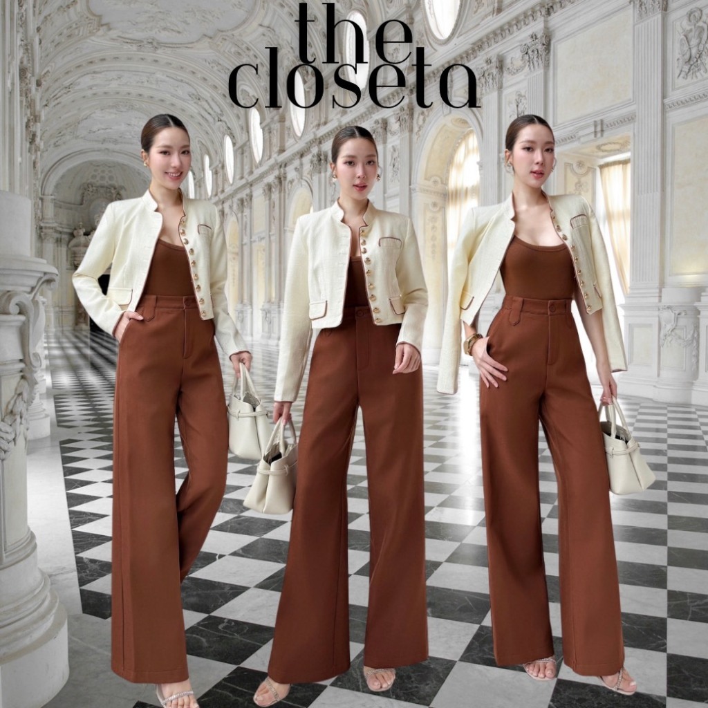 THE CLOSETA : LV336 ชุดเซ็ท3ชิ้น เสื้อคลุมสีครีมตัดขอบน้ำตาล พร้อมเสื้อกล้าม และกางเกงขายาวครบเซ็ท