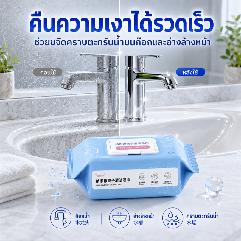 ผ้าเปียกซิลเวอร์ไอออน เช็ดคราบบนกระจก สแตนเลส ก๊อกน้ำ รอยนิ้วมือและคราบน้ำมัน