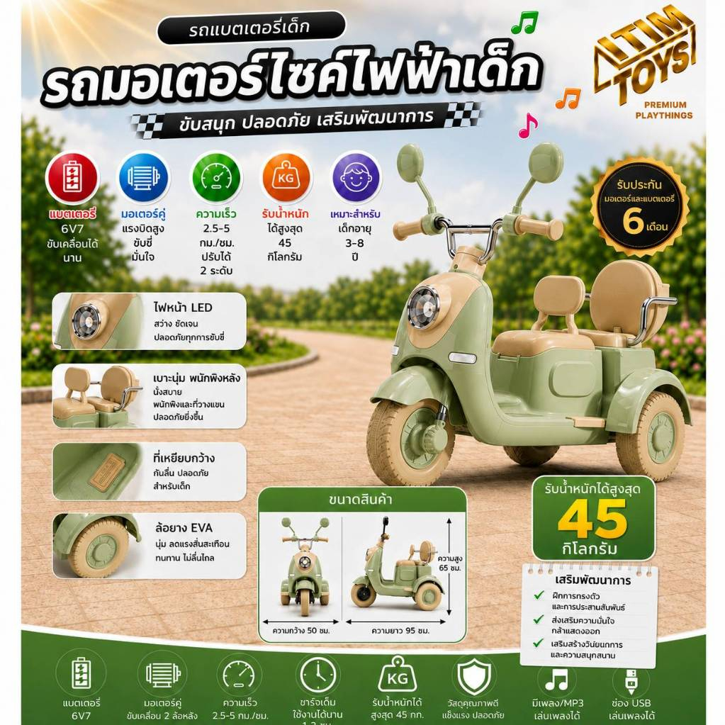 🔥 นั่งได้ 2 คน  🔥itimtoys รถมอเตอร์ไซค์เด็กรถไฟฟ้าเด็กเล่นรถมอเตอร์ไซค์มีที่นั่งซ้อน รุ่นใหม่ล่าสุด รุ่น 2156(26905)