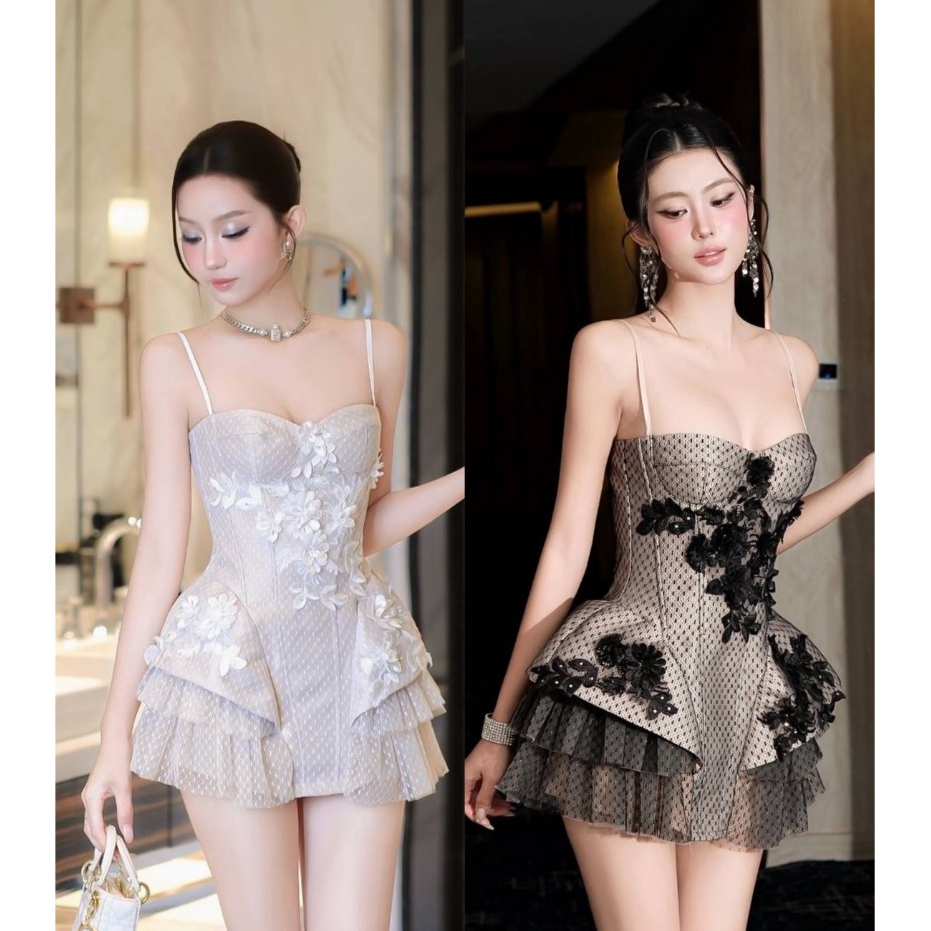 TBB Brand: เดรสสายเดี่ยวครึ่งเต้า ปักดอกไม้ 3D