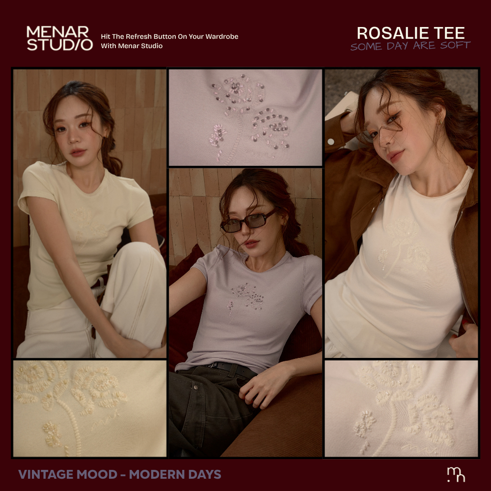 [ROSALIE TEE] เสื้อทรงเรียบเพิ่มงานปักกุหลาบ ประดับลูกปัดเล็ก ๆ เพิ่มดีเทล พร้อม MN logo ซิกเนเจอร์ของเรา