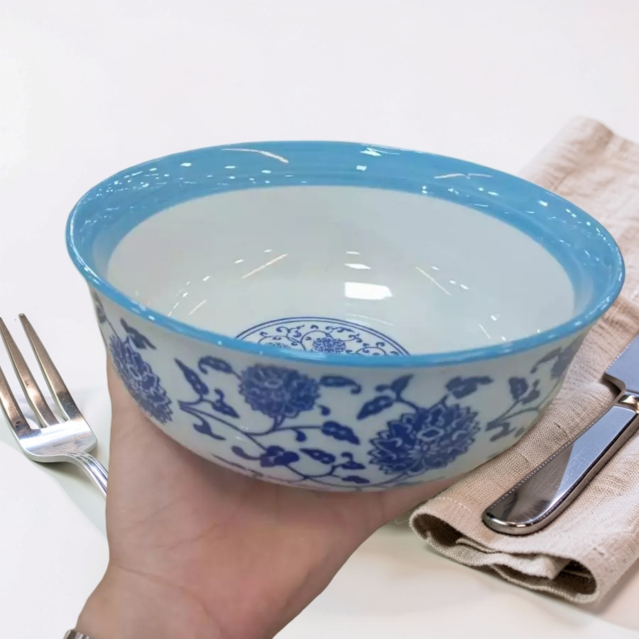 ถ้วยเซรามิก 7.25 นิ้ว ถ้วยแกง ชามแกง ใบใหญ่ ลายดอกไม้สีคราม ทำจากเซรามิก เข้าไมโครเวฟได้