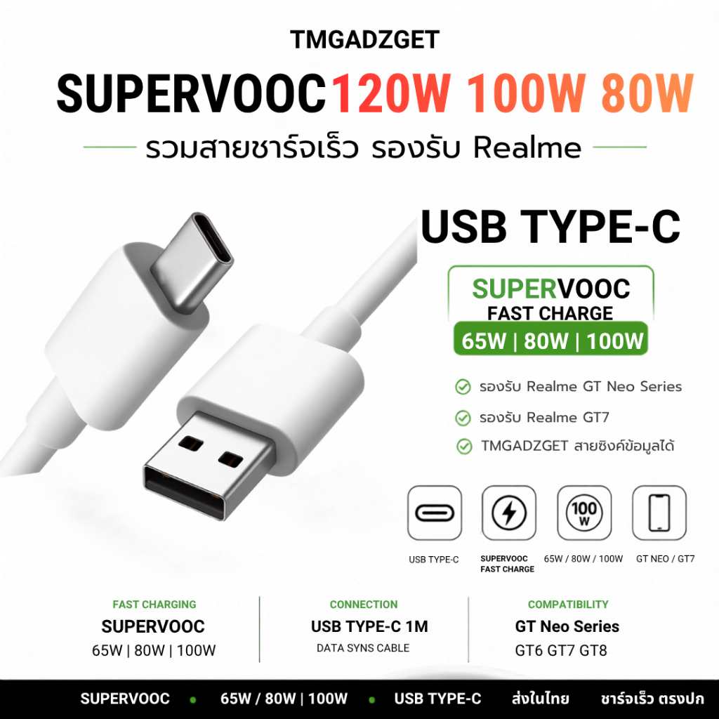 ส่งไวในไทย สายชาร์จ รองรับ Realme SuperVOOC 120W 100W 80W 65W USB Type-C ชาร์จเร็ว GT Neo Series GT7