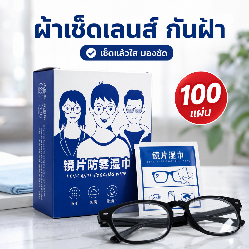 แผ่นเช็ดแว่นตา ผ้าเช็ดแว่นกันฝ้า ทำความสะอาดเลนส์ ไม่ทิ้งคราบ ใช้กับแว่น โทรศัพท์ กระจก แห้งเร็ว ถนอมเลนส์ 100 แผ่น