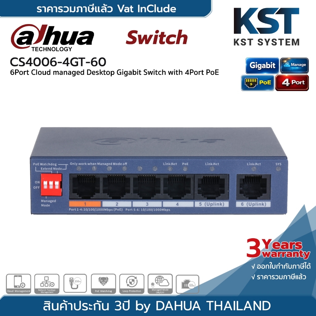 CS4006-4GT-60 Dahua 6-Port Cloud Managed Desktop Gigabit Switch with 4-Port PoE