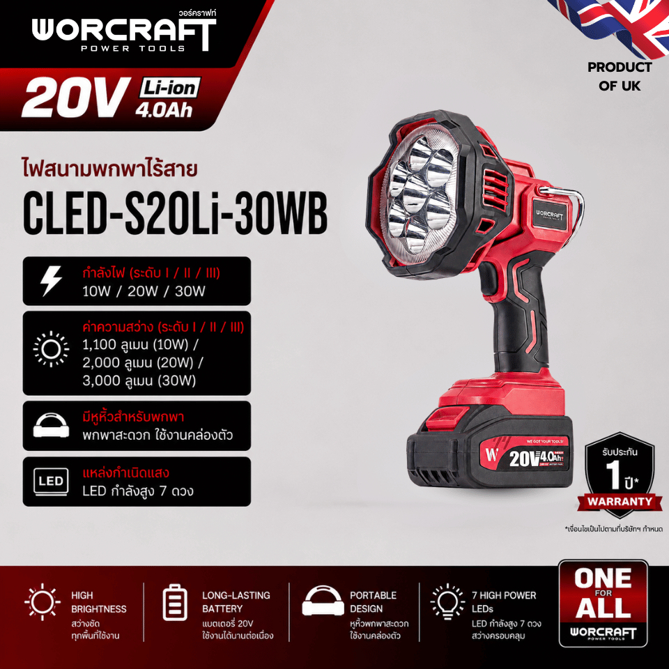 Worcraft ไฟLEDไร้สาย รุ่น CLED-S20Li-30WB