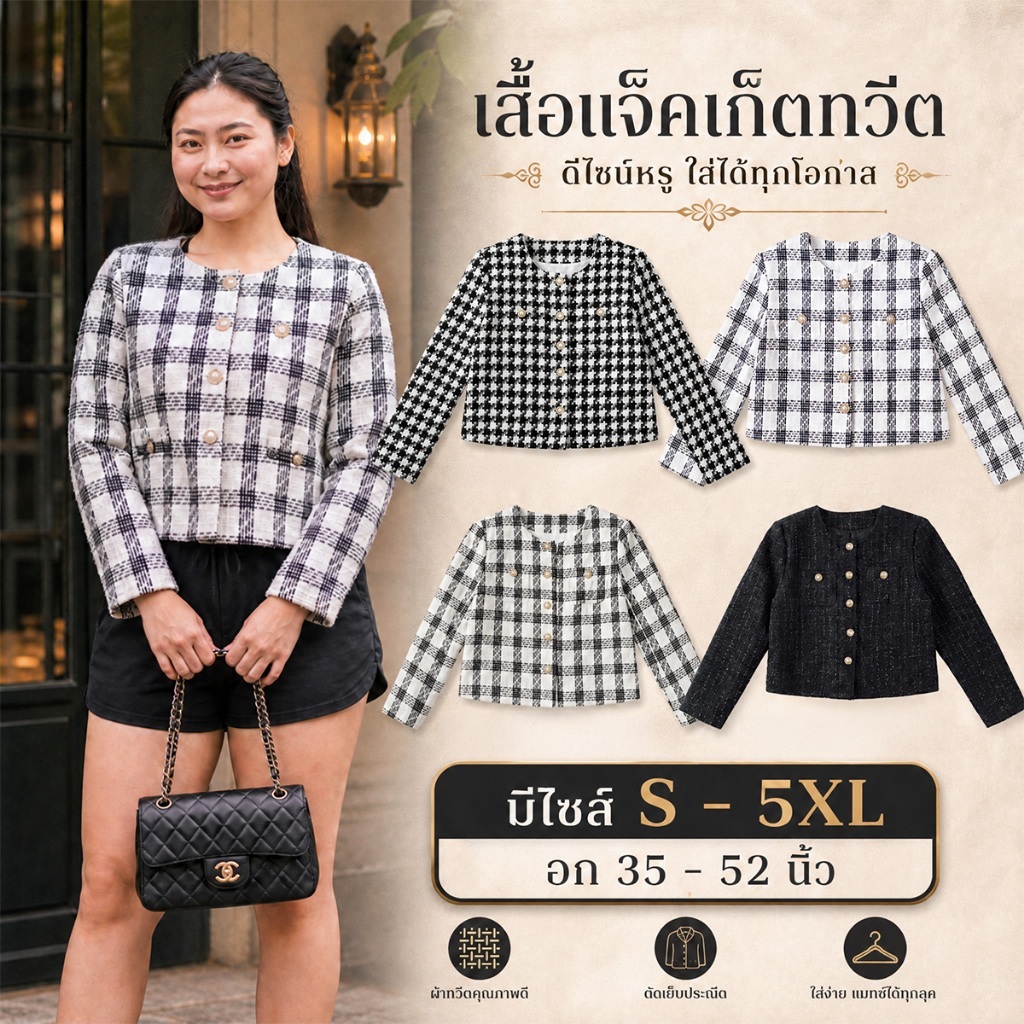 เสื้อสูทผ้าทวิต ไซส์ S-5XL ลุคคุณหนูอินเตอร์ดินเนอร์หรู พรางหุ่นเพรียว ออกเดทสวยแพงไฮโซ
