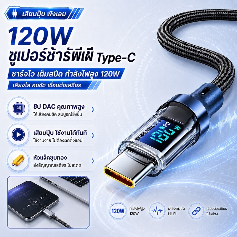 สายชาร์จ USB‑A to Type‑C 120W 6A Super Fast Charge สายถักผ้า จอแสดงวัตต์ดิจิตอล รองรับชาร์จเร็ว สำหรับมือถือ แท็บเล็ต