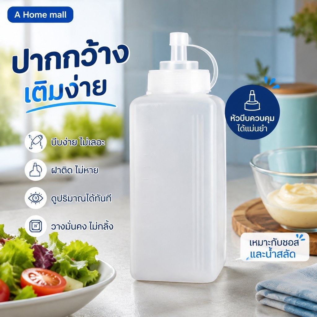ขวดบีบใส่ซอส ขนาด 600/800/1000 มล. ขวดบีบ สำหรับนมข้น น้ำเชื่อม ซอสมะเขือเทศ ขวดใส่มายองเนส พลาสติก กันรั่ว