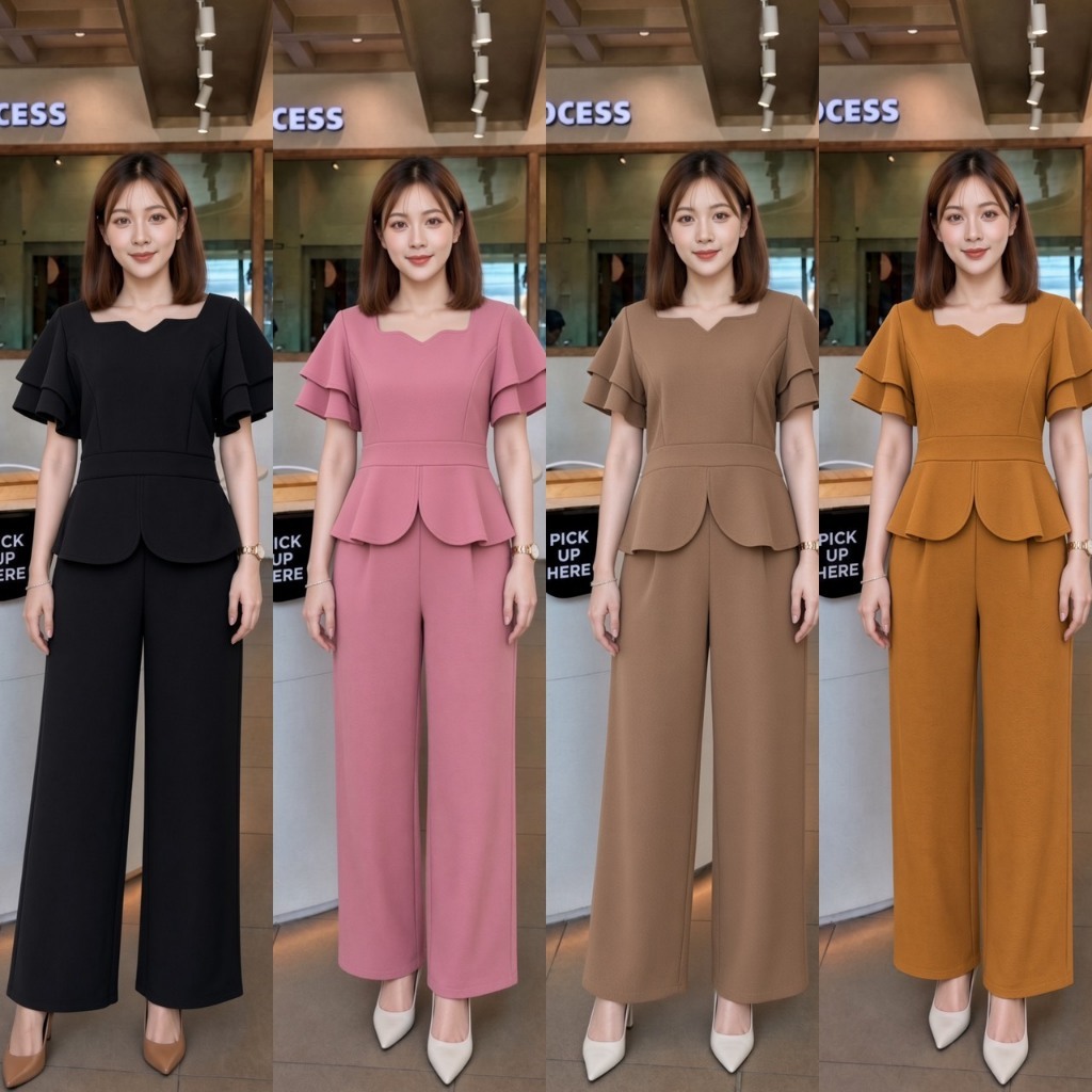LR45_ชุดเซ็ต2ชิ้น เสื้อคอเหลี่ยมหยักแขนระบายสองชั้น กางเกงขายาวทรงตรง เรียบหรู ใส่ทำงาน ใส่เที่ยวได้