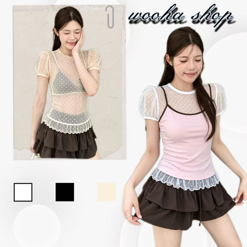 wooha shop เสื้อยืดคอกลมผ้าตาข่ายลายจุดระบายซ้อนชั้น เสื้อแขนยาวทรงพองคอกลมสำหรับฤดูร้อน