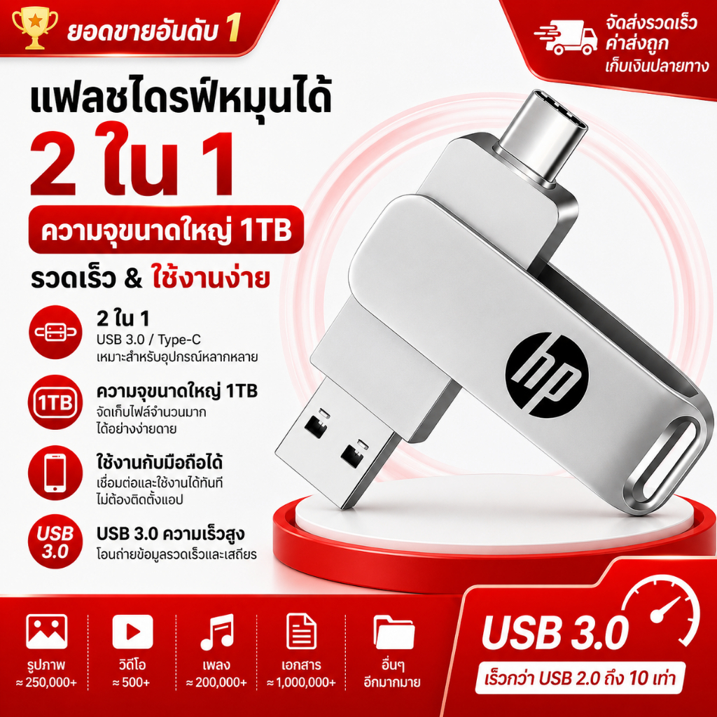 HP แฟลชไดร์ฟ 1TB 2 in 1 OTG USB สำหรั Android