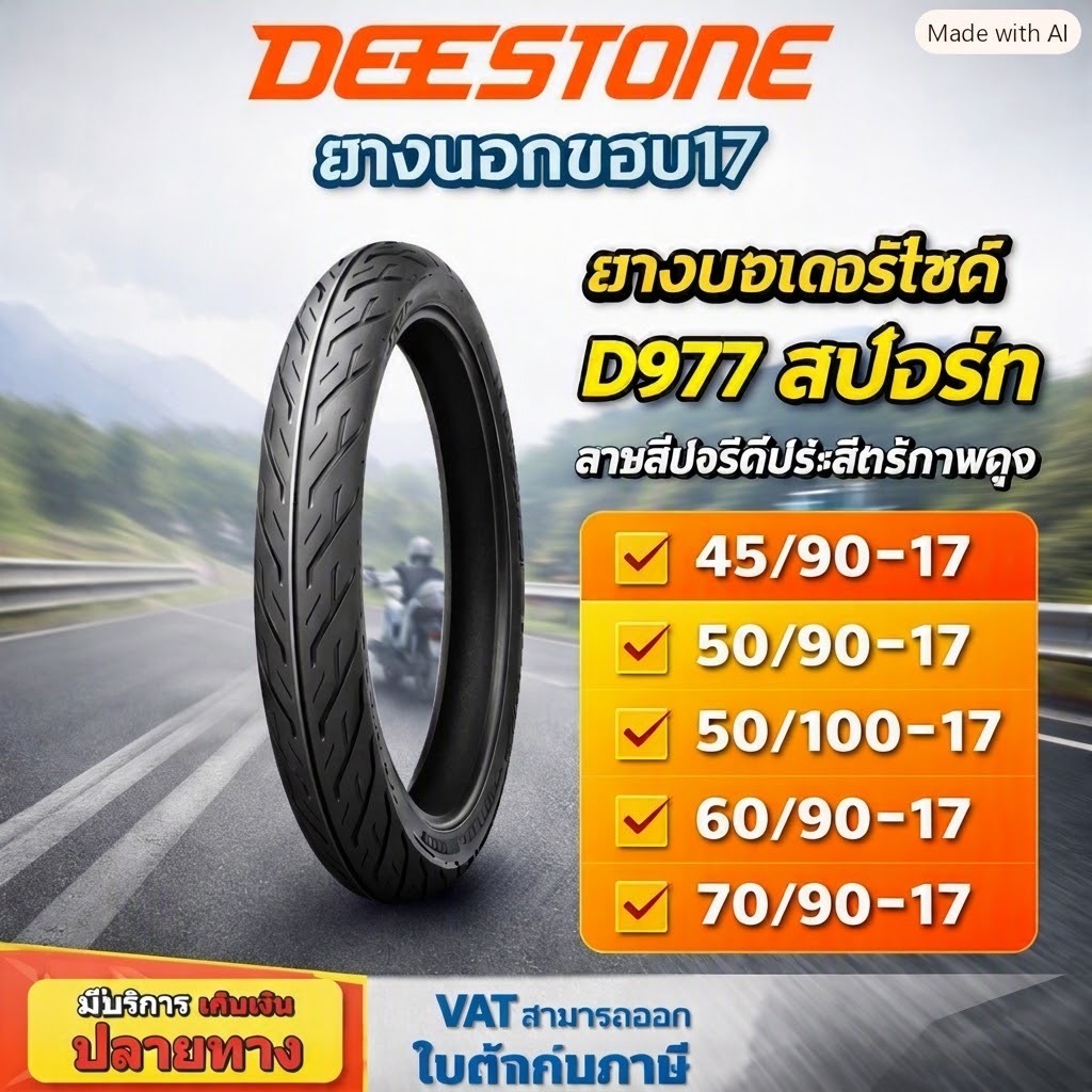 ยางมอเตอร์ไซค์ Deestone D977 ขอบ17 นิ้วลายไฟ ขนาด 45/90-17 ,50/90-17 ,50/100-17 ,60/90-17  ,70/90-17
