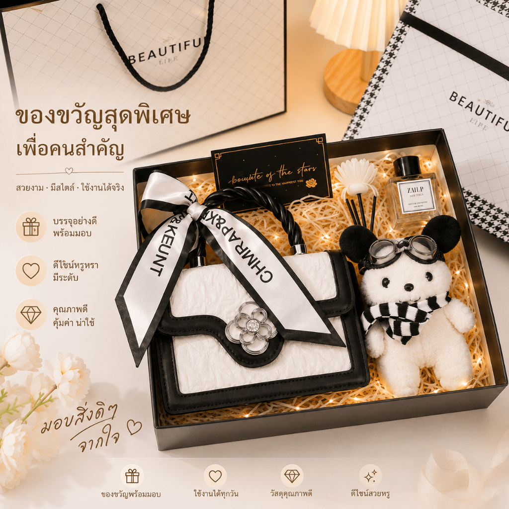 ชุดของขวัญผู้หญิง กระเป๋าสะพายข้าง พร้อมตุ๊กตาหมี น้ำหอม กล่องของขวัญ ของขวัญวันเกิด ของขวัญแฟน ของขวัญผู้หญิง