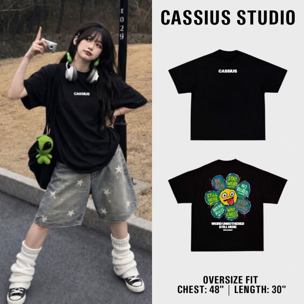 CASSIUS PREMIUM COTTON 100% OVERSIZE สกรีนลาย พรีเมี่ยม &UNBOTHEREDดอกไม้ ดำ