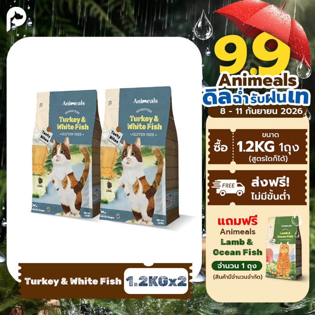 Animeals Sensation อาหารแมว 2.4kg สูตรกินง่าย หอมอร่อย สำหรับแมวเลือกกิน เบื่ออาหาร ไก่งวงและปลาเนื้อขาว กลูเตนฟรี