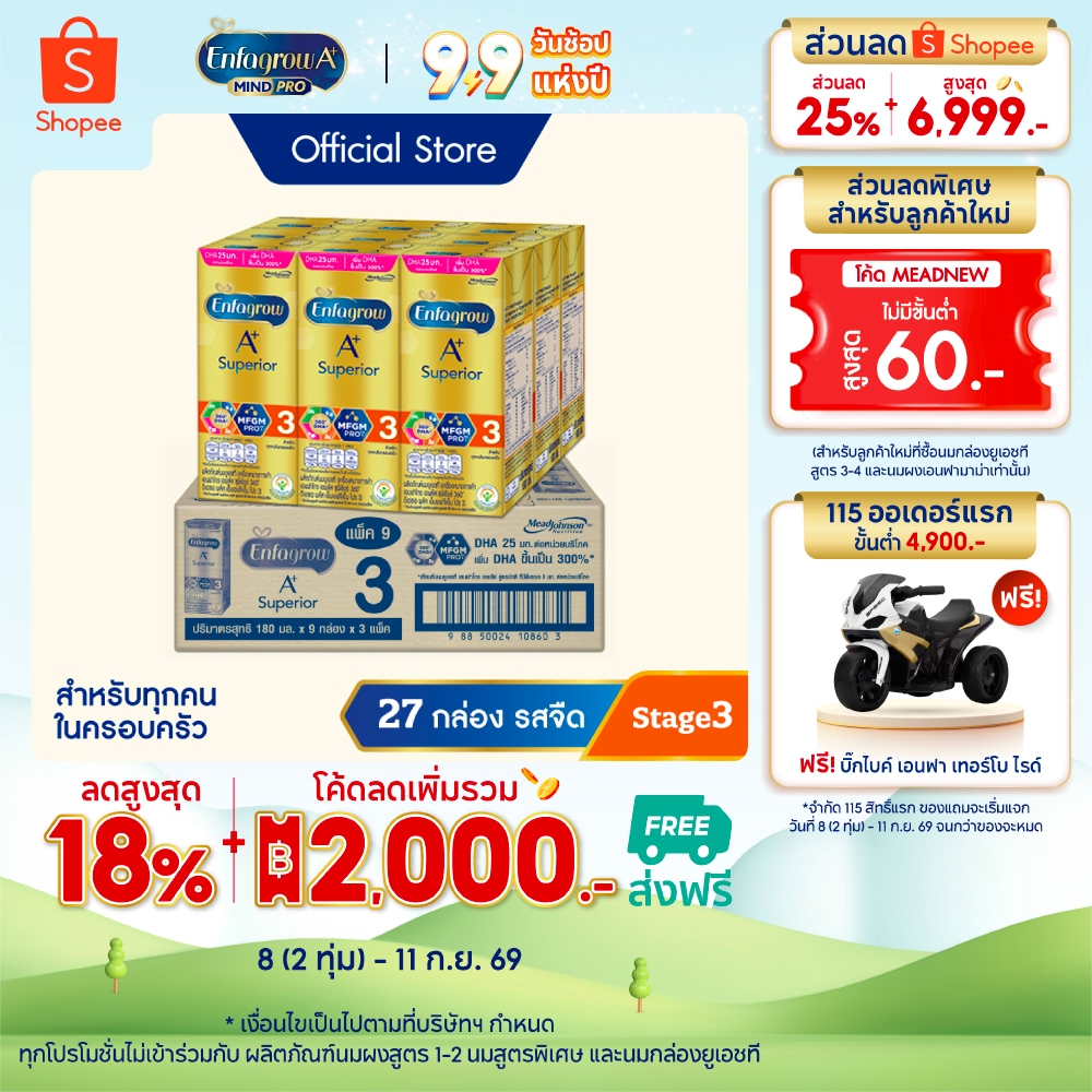 นมกล่อง เอนฟาโกร ยูเอชที ซุพีเรียร์ สูตร3 (27 กล่อง) Enfagrow UHT Superior Stage3 (27 boxes)