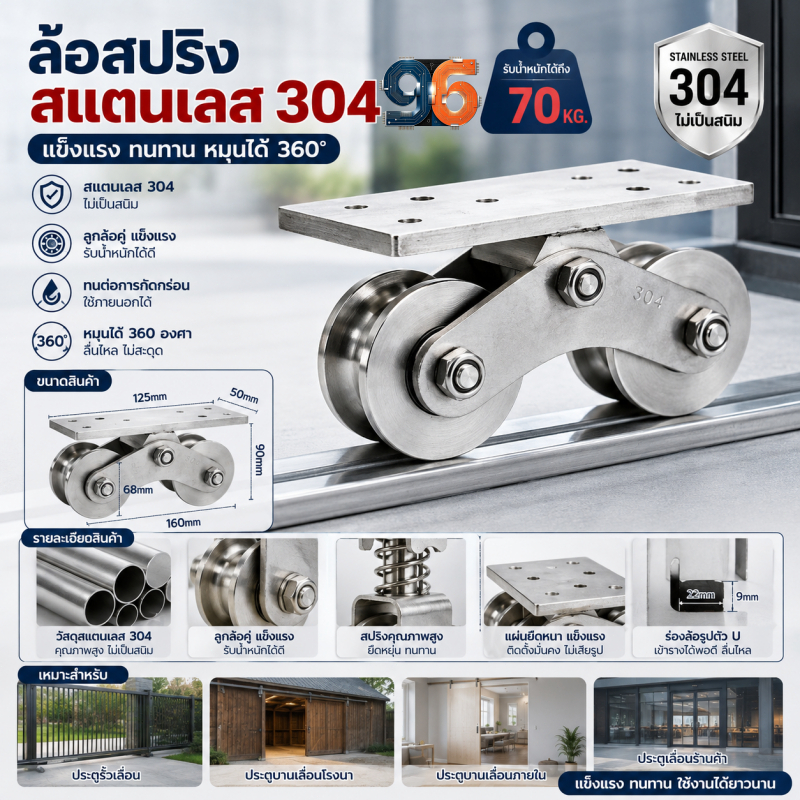 ชุดลูกกลิ้งสแตนเลสเกรด 304 แบบล้อเดี่ยวและล้อคู่ พร้อมเพลาแบบมีร่อง เหมาะสำหรับประตู รั้ว และกำแพงสวน