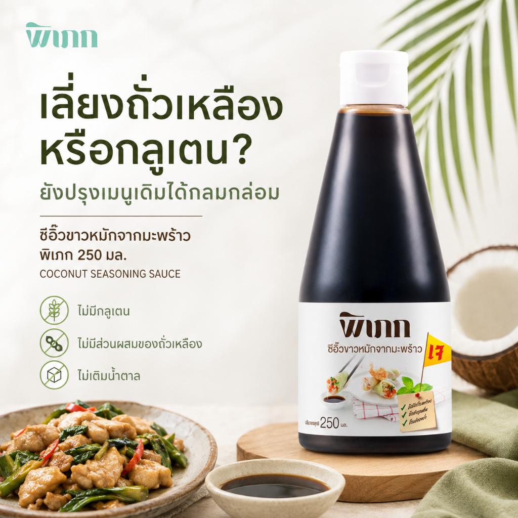 ซีอิ๊วขาวหมักจากมะพร้าว พิเภก 250มล. ไม่มีกลูเตน ไม่มีส่วนผสมของถั่วเหลือง ไม่เติมน้ำตาล