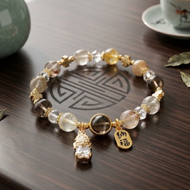 สร้อยข้อมือไหมทอง & หินไหมมงคล ป้ายคำอวยพร "納福" & น้ำเต้าเพชร [ผ่านการรับพลังงานจากสถานที่ศักดิ์สิทธิ์ทั้งในจีนและไทย]