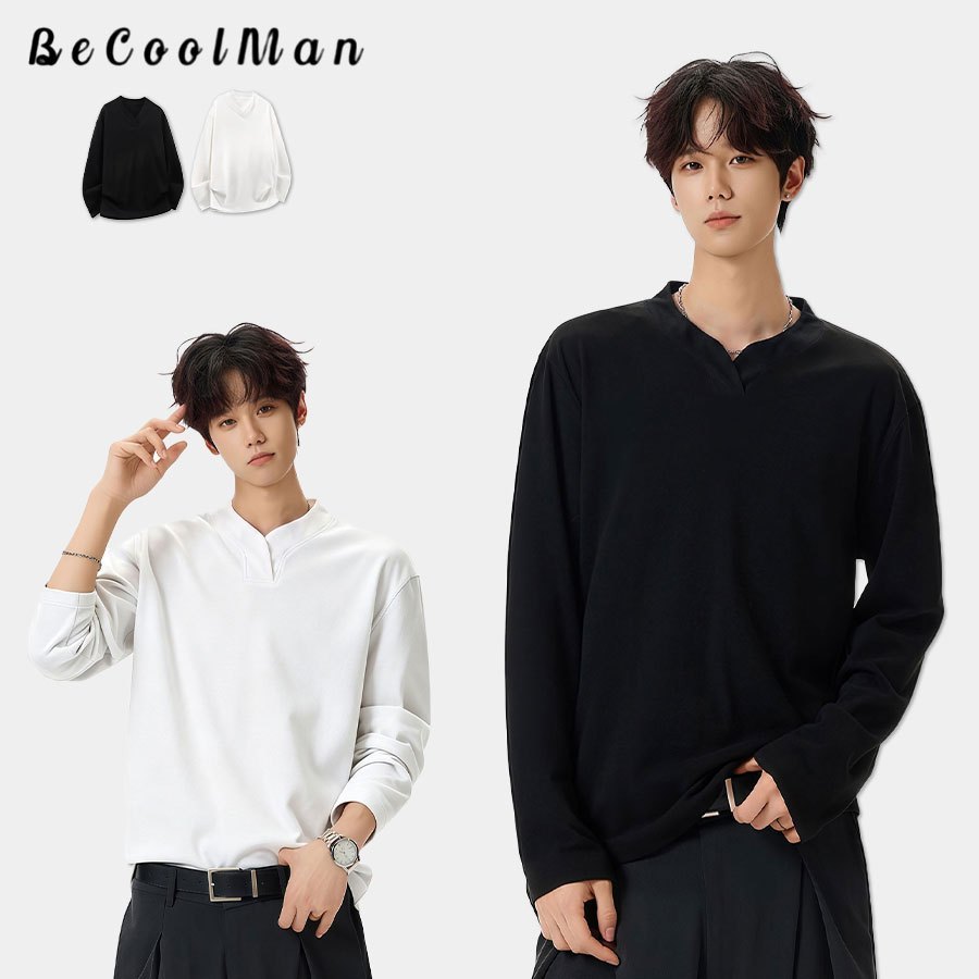 BecoolMan เสื้อยืดผู้ชายสีพื้น คอวีพิเศษ แขนยาว หลวม ลำลอง แฟชั่น ใส่ได้ทั้งผู้ชายและผู้หญิง แฟชั่นเกาหลี รุ่นใหม่ปี