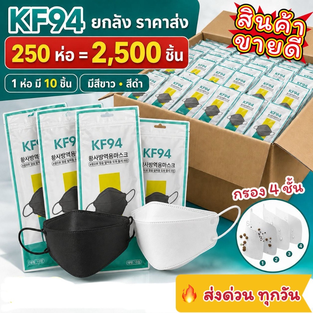 🔥แมสKF94ยกลัง 250แพค แมสKFราคาส่ง สีขาวดำ แมสKFสี หน้ากาก KF94 ทรงเกาหลีสุดฮิตตอนนี้ แมส3D แมสยกลัง 